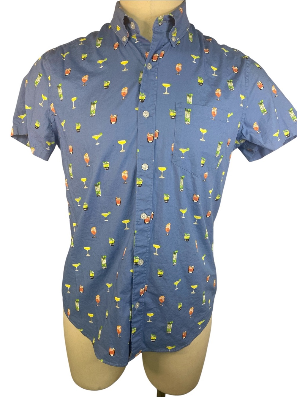 J. Crew Slim Blue Short-Sleeve Cocktail Print Button-Down Shirt Men’s Medium